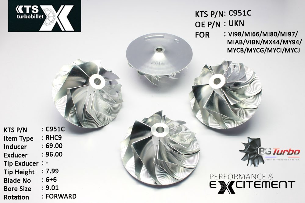 Turbo ROUE FORGÉE MFS PERFORMANCE - 6+6 PALES - INDUCER : 69 - EXDUCER : 96 - TYPE : RHC9ANGLE : 55° - ROTATION : Forward - SUPER BACK : 4,6 - BORE SIZE : 9,01
